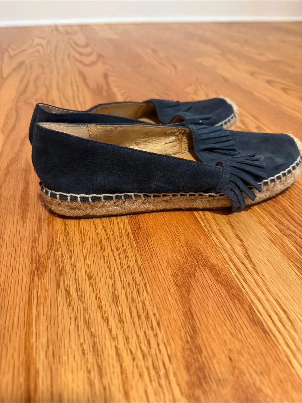 Marc Fisher Navy Suede Espadrille Loafers with Fringe